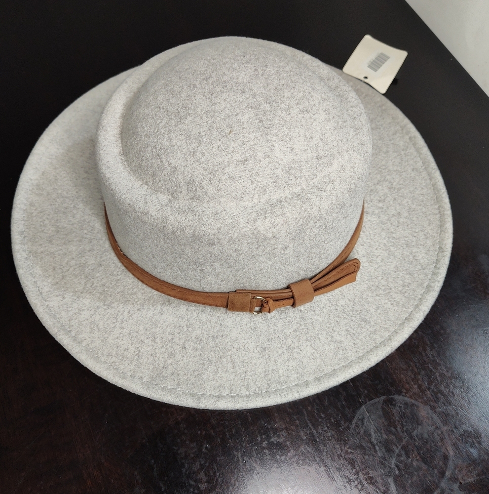 Fadivo Gray Wide Brim Fedora Hat Tan Band Boho Style NWT OS - Picture 3 of 10